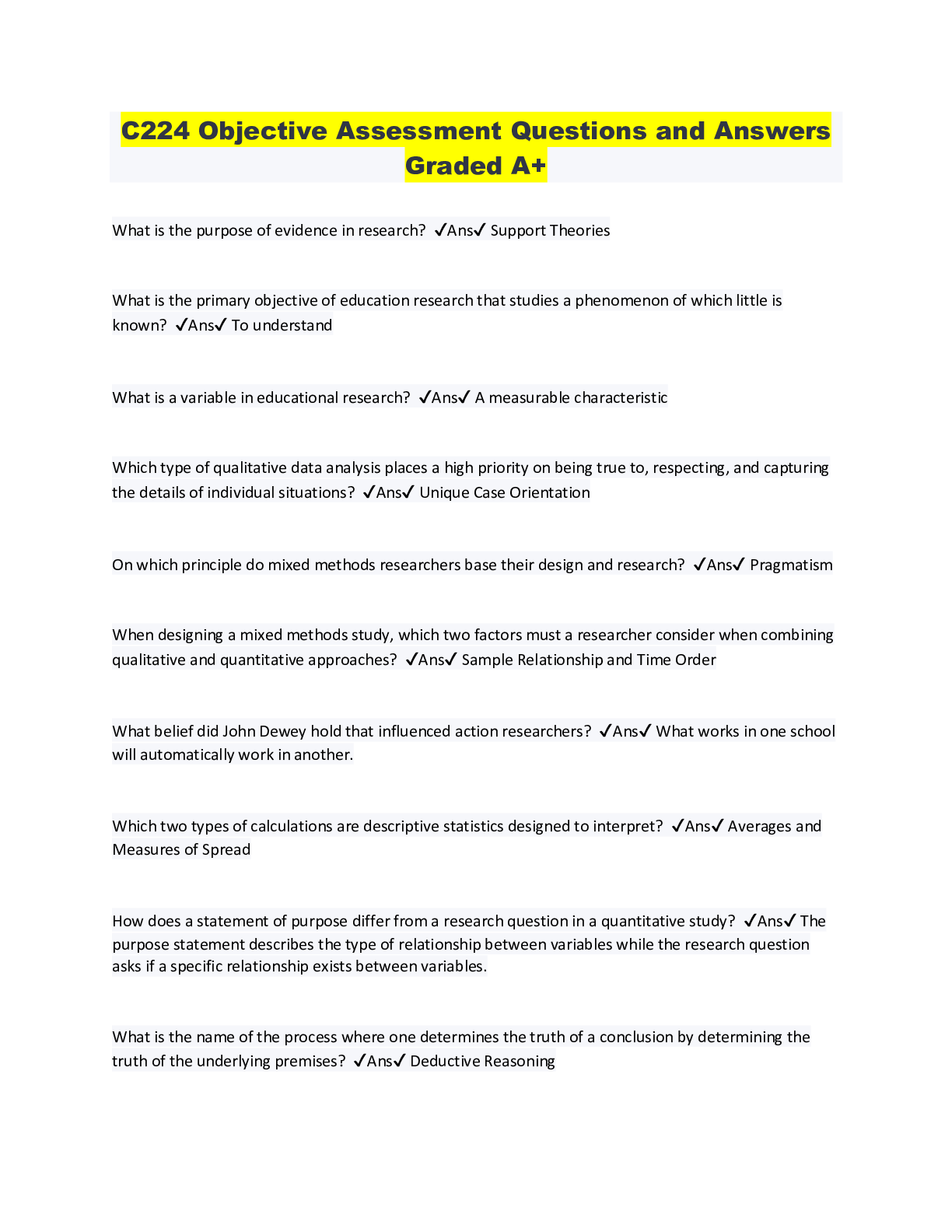 Preview image for C224 Objective Assessment Questions and Answers Graded A+